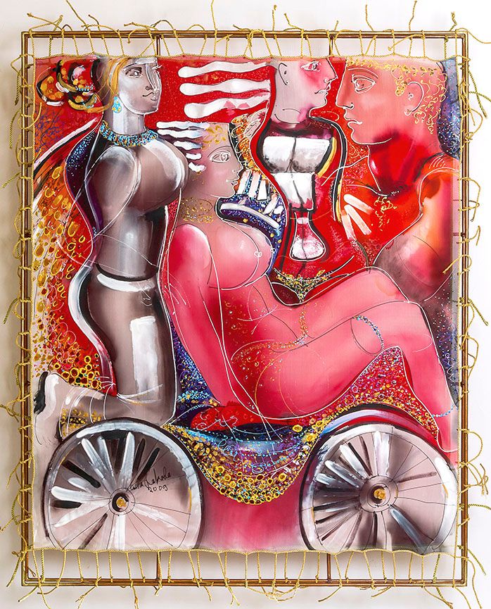 Silk painting “Campaign to Mesopotamia”: a grey standing woman, a pink seated woman and two other figures on a two-wheeled cart, in red tones, laced into a thin frame with gold cords.