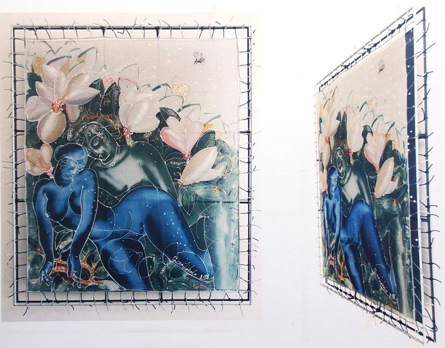 Silk painting “Woman in magnolias”: a blue reclining nude woman with a dark-green companion among white and pink magnolias, in a metal frame, shown from the front and from the side.